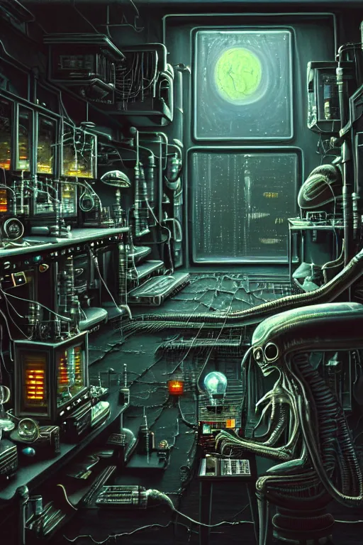 Image similar to a highly detailed painting of a mad scientist laboratory on halloween, 1 9 8 0 s science fiction, 1 9 7 0 s science fiction, alien 1 9 7 9, cyberpunk, 3 d oil painting, depth perception, 4 k, artstation