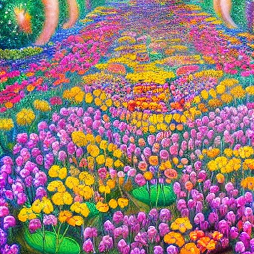 Image similar to An epic painting of an infinite flower garden