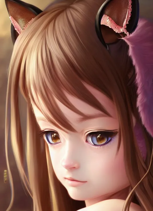 Image similar to nekopara fantastically detailed eyes cute girl portrait with fantastically detailed cat ears!!!!!!!!!!!! by Lajos Berán, Albert Bierstadt, Robert Henderson Blyth, Claude Bonin-Pissarro, Sandro Botticelli, unreal Engine Fantasy Illustration. award winning, Artstation, Hyperdetailed, 8k resolution ethereal bloom effect in pastel colours