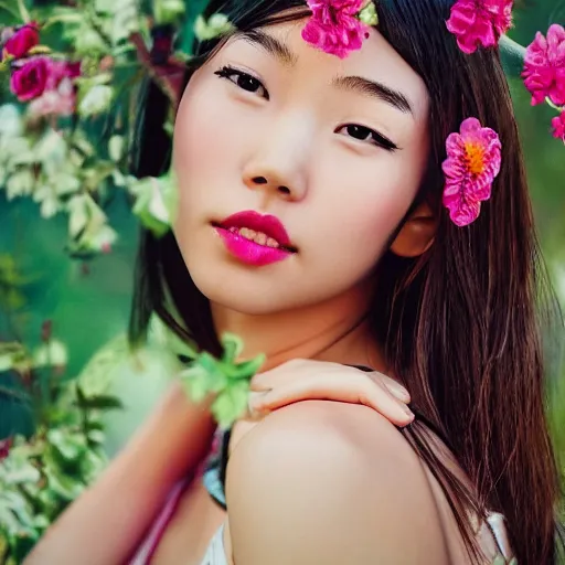 Image similar to a portrait of a young asiatic lady, perfect face, hot summertime hippie, fancy dress , flowers background , sunny day, perfecly detailed, realistic portrait, perfect design, natural light