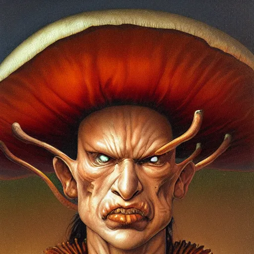 Prompt: frontal portrait of an humanoid warrior mushroom, by Gerald Brom