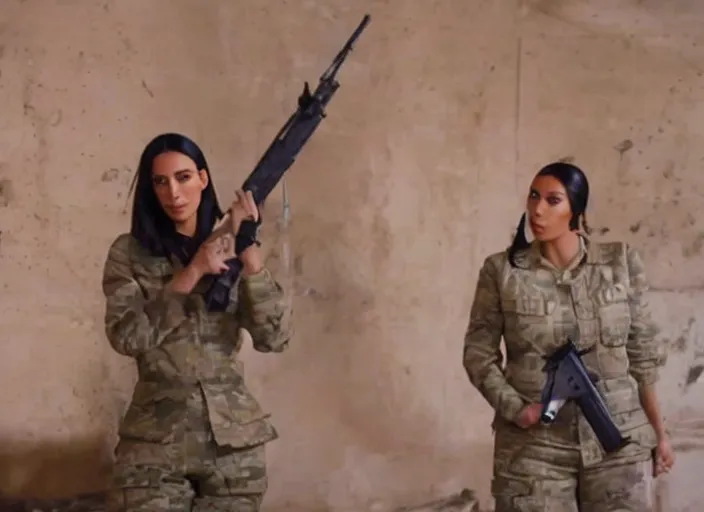 Prompt: a film still of kim kardashian as a soldier firing a rifle, open neckline, backround : abandoned school interior