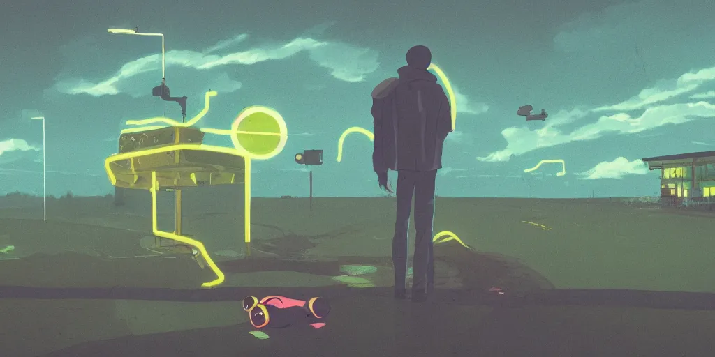 Image similar to Portrait using the Rule of Thirds, focusing on a frog, Portrait, Very Cloudy Sky, Sun, Neon Lights, Rule of Thirds, perspective, Retrofuturism, Studio Ghibli, Simon Stålenhag