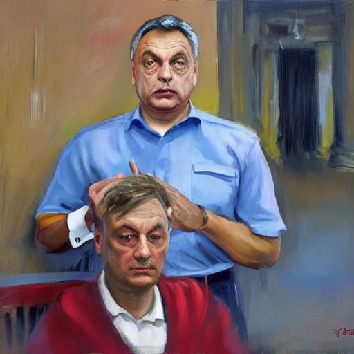 Image similar to viktor orban in a post office, oil painting