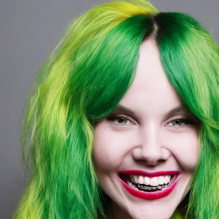 Image similar to a portrait image of a skinny 28 year old attractive woman with green hair and large striking bright yellow eyes, a large mouth and thick lips with a genuinely happy expression looking directly at the camera