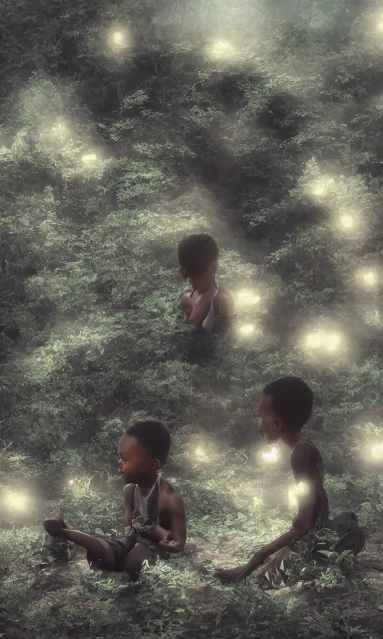 Prompt: a black kid on a florest talking to a ghost of his ancestors, pale light, scenic view, hyper realistic, octane render, ultra detailed, glowing lights, painting by Eden Seifu, trending on artstation.