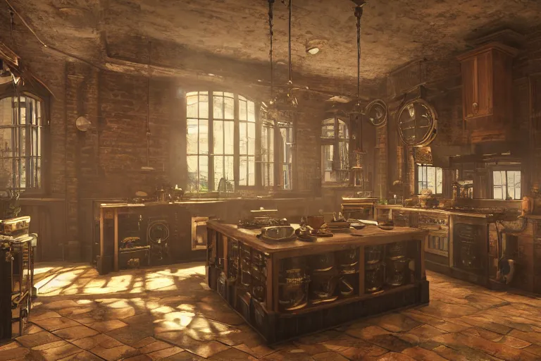 Prompt: steampunk kitchen, liminal space, high detail, rendered in unreal engine, 3d render, god rays, volumetric lighting, HDR, subsurface scatter, mansion, interior, large windows, rich house