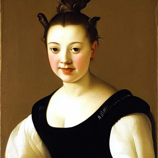 Image similar to portrait of a young woman with a happy face painting by Orazio Gentileschi, painted around 1630-1632 during his time in Charles I's court