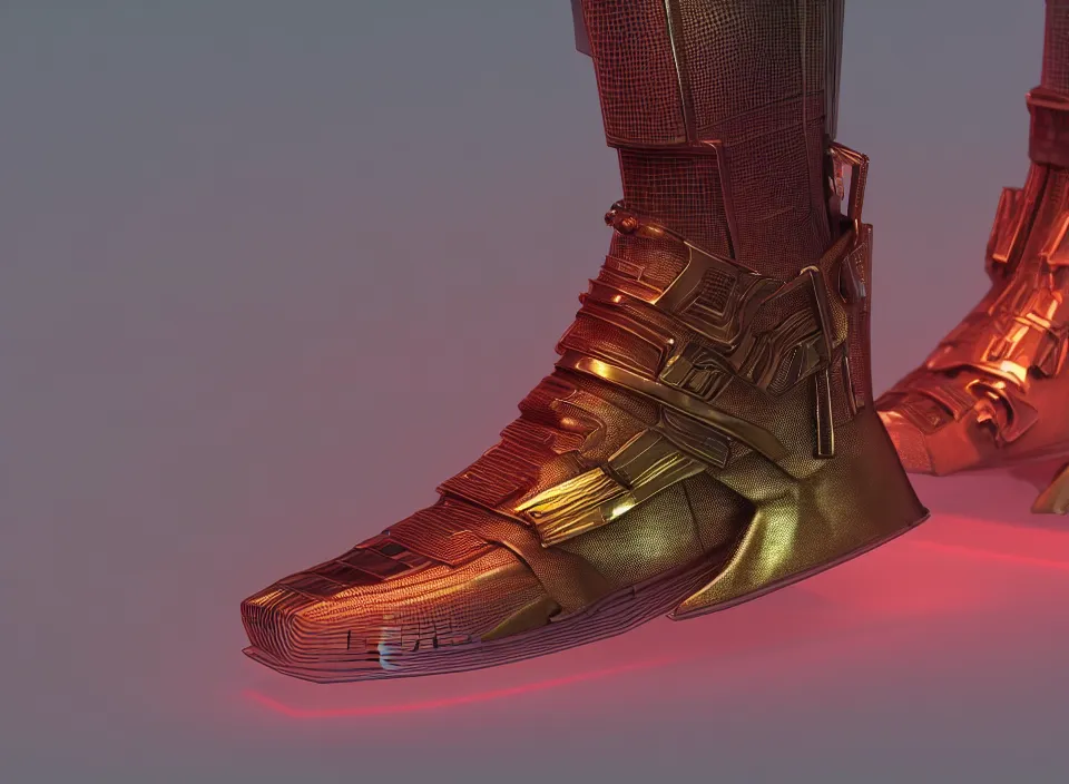 Prompt: realistic 3 d render of a cyberpunk android sneaker, beautiful studio lighting, soft, sharp focus, neon cyberpunk highlights, intricate detail, gold and red accents, soft rubber, octane render, side view, close up, trending on artstation, deviantart, issey miyake, lloyd wright, feng zhu