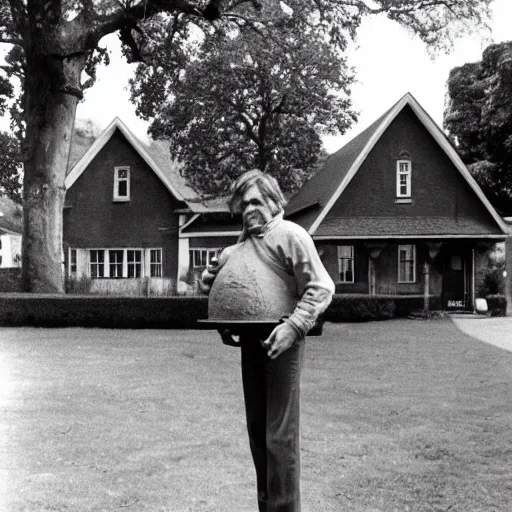 Prompt: a man stands next to the world's largest plum pudding in front of a suburban english house in the year 1 9 7 9