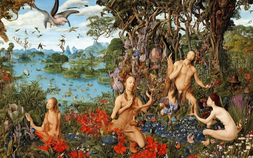 Image similar to a portrait photograph of a meditating harpy and a centaur king feeding tropical animals at a wide river delta. surrounded by bulbous flowers, animals, trees and mushrooms. mountain range under a vast blue sky of burning stars. painted by jan van eyck, max ernst, ernst haeckel and artgerm, cgsociety, artstation, fashion editorial