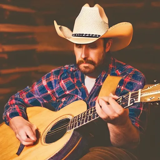 Prompt: a fox animal, wearing cowboy hat, wearing plaid shirt, playing guitar, in barn, album cover style