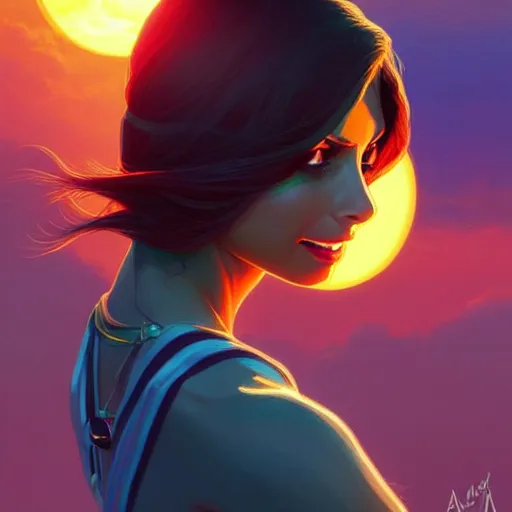 Prompt: Morena Baccarin, sunset background, intricate, highly detailed, digital painting, artstation, official media, anime key visual, concept art, rich vivid colors, ambient lighting, sharp focus, illustration, art by Artgerm, Makoto Shinkai, Ilya Kuvshinov, Lois Van Baarle, and Rossdraws