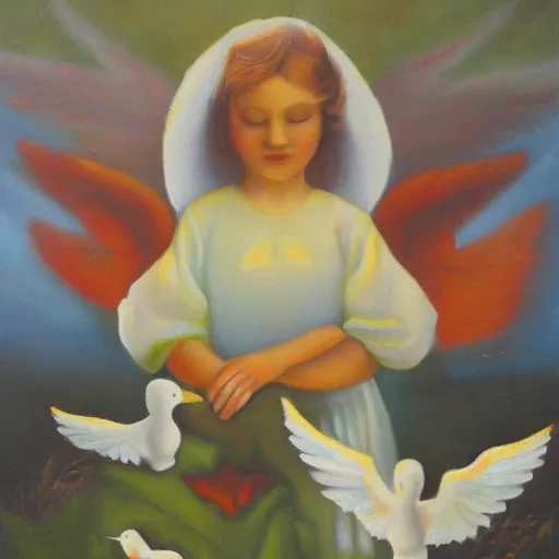 Prompt: angel of ducks, by jean deville, oil on canvas