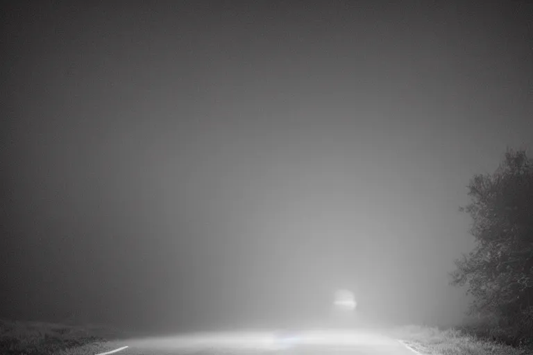 Prompt: looking down road, a lonely house, fog, mid night, dark, car lights