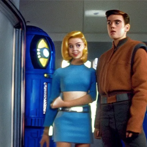 Prompt: Archie Andrews, Betty Cooper and R2-D2 in a futuristic hallway, movie still from Star Wars