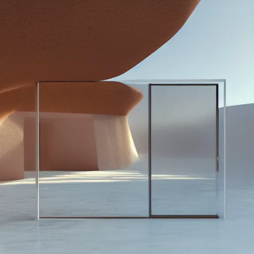 Prompt: surrealist interiors, minimalism, archs, minimal architecture, desert, glass objects, arcs, lakes around, sunny clear sky, redsfhit render