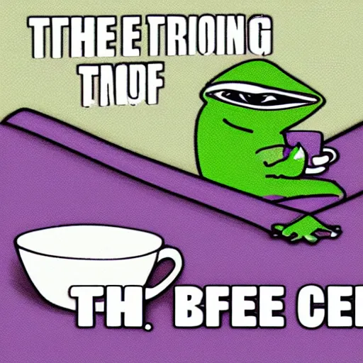 Prompt: pepe the frog drinking coffee. text box containing : gm.