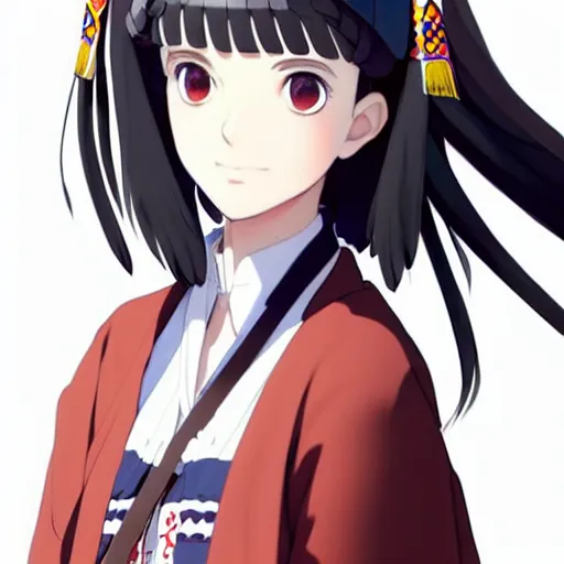 Image similar to a beautiful! boyish! natalie portman model, wearing japanese catholic school girl outfit with mayan pattern and native style, aztec street fashion, guilty gear art direction, perfect anime face, gapmoe yandere grimdark, trending on pixiv fanbox, painted by greg rutkowski makoto shinkai takashi takeuchi studio ghibli, akihiko yoshida