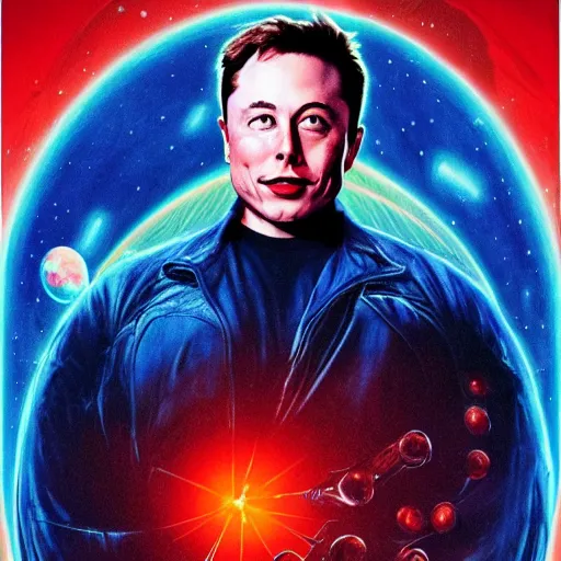 Image similar to movie poster of elon musk as a villain who looks at the planet mars with a macabre smile, his face is illuminated with a red light, drew struzan style