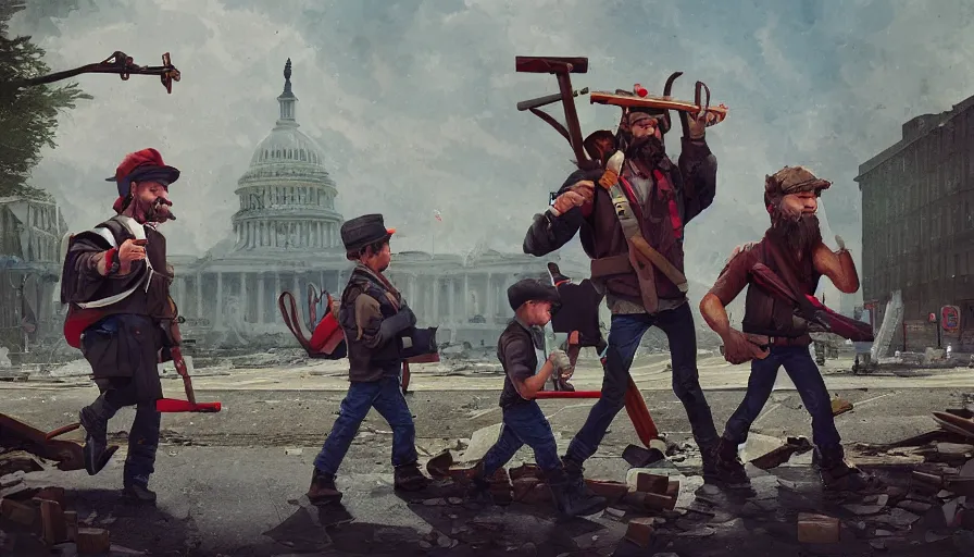 Image similar to lumberjack with famas crossing streets of destroyed washington dc with his two sons, destroyed museum, hyperdetailed, artstation, cgsociety, 8 k