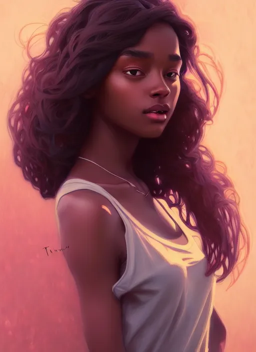 Prompt: beautiful young black women with shoulder length brown hair, half body shot, path traced, highly detailed, high quality, digital painting, alena aenami, lilia alvarado, shinji aramaki, karol bak, alphonse mucha, tom bagshaw