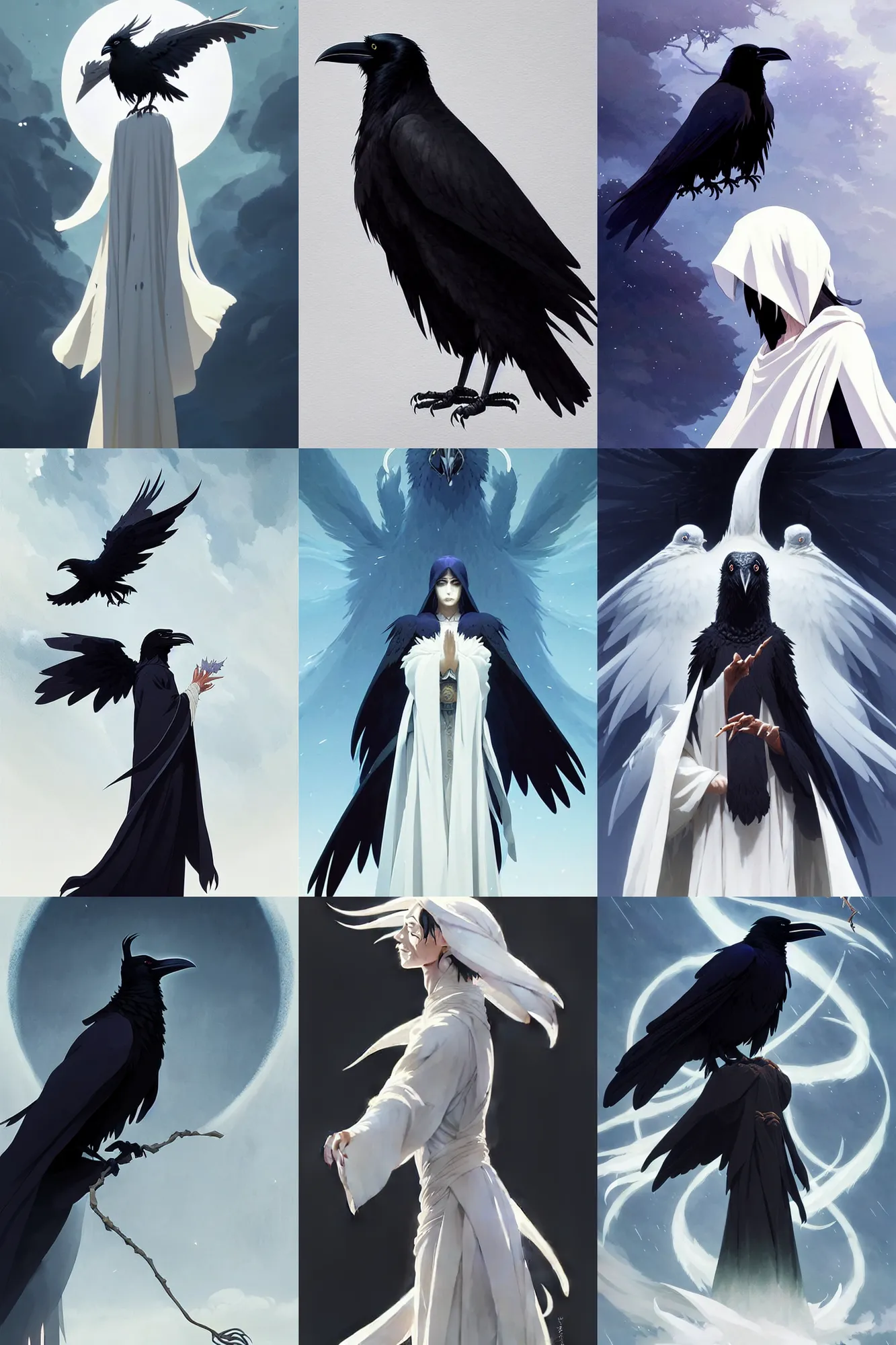 Image similar to raven headed warlock doing magic spells wind, white robes, finely detailed perfect face, exquisite details, mid view, design on a white background, by studio muti, greg rutkowski makoto shinkai takashi takeuchi studio ghibli