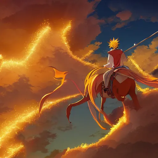 Prompt: a beautiful ultradetailed anime illustration of a man in Biblical clothing flying in the sky on his fiery chariot, desert background chariot on fire, horses on fire by makoto shinkai, anime wallpaper 4k, prismatic