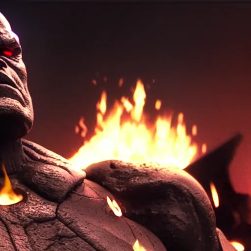 Image similar to darkseid in a dark suit with glowing eyes standing in front of a fire, a photocopy by zack snyder, cgsociety, antipodeans, # vfxfriday, reimagined by industrial light and magic, movie still