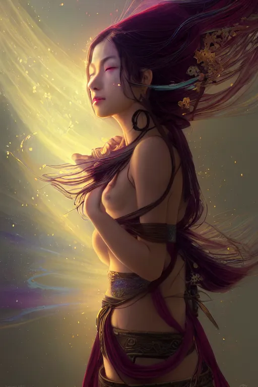 Image similar to beautiful female Ninja, mystery and gorgerous and magical and stunning portrait+shiny eyes+light flowing hair, in mudra and firefly night ruin tokyo temple, ultradetail face, art and illustration by tian zi and craig mullins and WLOP and alphonse mucha, rim lght, fantasy, intricate complexity, human structure, fantasy world concept, watermark, blurry, hyperrealism 8k