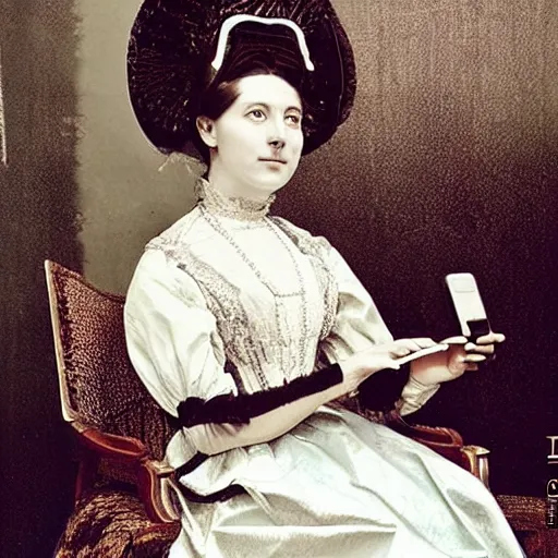 Image similar to Victorian aristocrat lady using a hand fan and using a cell phone