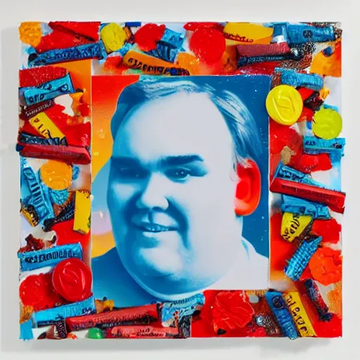 Image similar to a portrait of of john candy constructed from candy, collage, drop shadow, organic, layered composition, layers, texture, mcu, petals, highly textured, layered, sculpted, dynamic,