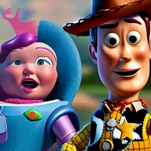 Image similar to woody trying to kiss bo peep in Toy Story 4