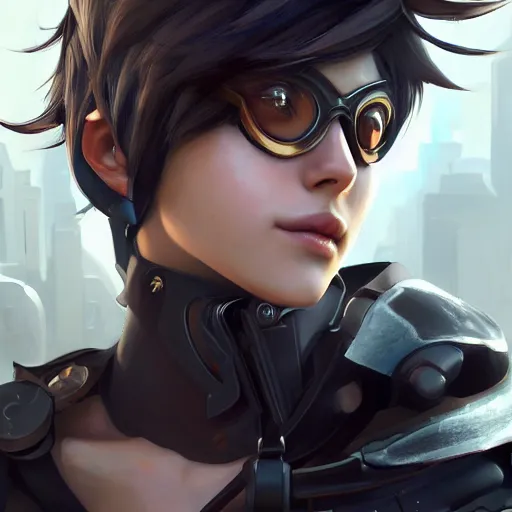 Image similar to a highly detailed portait of tracer from overwatch as nier automata cain, digital art, pretty face, muscular, very beautiful face, very detailed eyes, 8 k resolution, digital painting, by james gurney wlop, greg rutkowski, full body