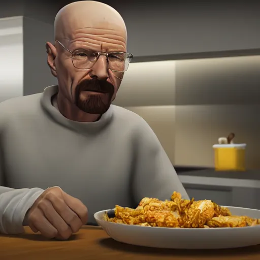 Image similar to Walter white eating chicken in a kitchen, award winning, trending on artstation, unreal engine