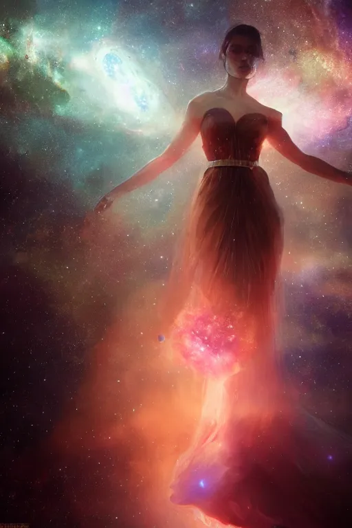 Image similar to a woman, wearing a dress made of stars and nebulae, dramatic, volumetric lighting, planets in the background, smooth, sharp focus, very detailed, by greg rutkowski, artstation, tom badshaw, 8 k, symmetrical face