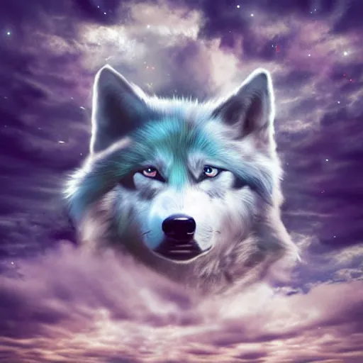 Image similar to of a fantasy sky and the gases and clouds shape into a wolf's head epic digital art