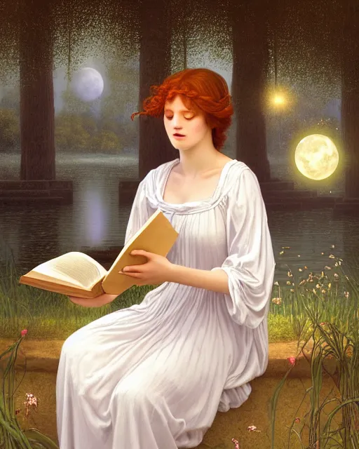 Prompt: a girl in white nightgown reading a book by the river, a full moon on the horizon, dark starry sky, golden orbs and fireflies, illustration, dramatic lighting, art nouveau, highly detailed face, 8 k, hd, by edmund blair leighton, brom, charlie bowater, trending on artstation, tom bagshaw