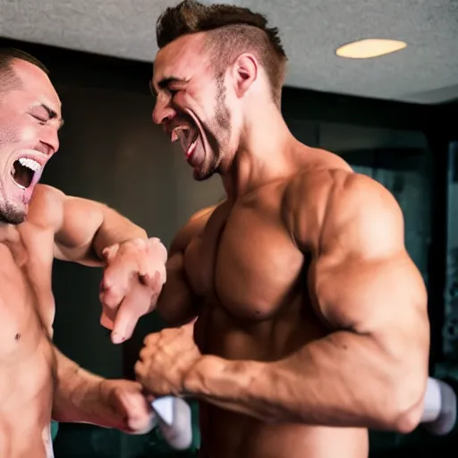 Prompt: Buff dude laughing while being punched by a skinny weak dude.