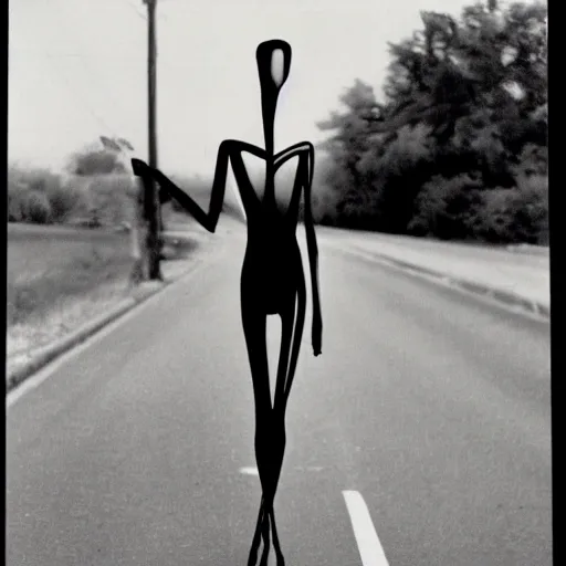 Image similar to an black and white photography of a tall skinny creature with a long neck, arms, and legs, covered in black substance, suburbs backround, 1 9 9 0, polaroid,