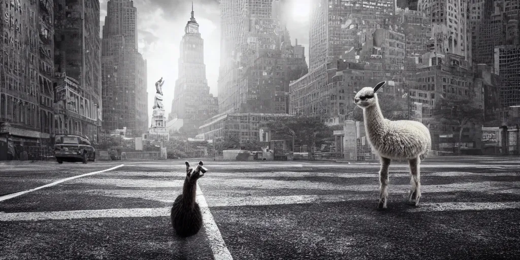 Image similar to a llama walking through a desolate manhattan city street at night, statue of liberty seen in the background, realistic 4 k octane beautifully detailed render, 4 k post - processing, highly detailed, detailed face, intricate complexity, epic composition, magical atmosphere, cinematic lighting, masterpiece, color picture, ultra hd