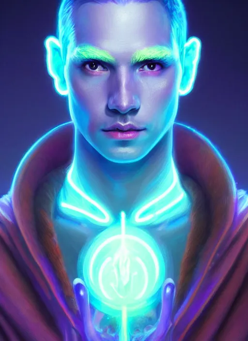 Image similar to a male faceless glowing liquefied stardust adventurer, dnd fantasy character, full body portrait, glowing neon skin, magical aura, ultra realistic, intricate, elegant, highly detailed, digital painting, artstation, smooth, sharp, focus, illustration, art by artgerm and greg rutkowski and alphonse mucha