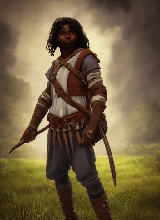 Prompt: An epic fantasy comic book style portrait painting of a dark skinned long haired boy peasant with intelligent eyes, unreal 5, DAZ, hyperrealistic, octane render, cosplay, RPG portrait, dynamic lighting