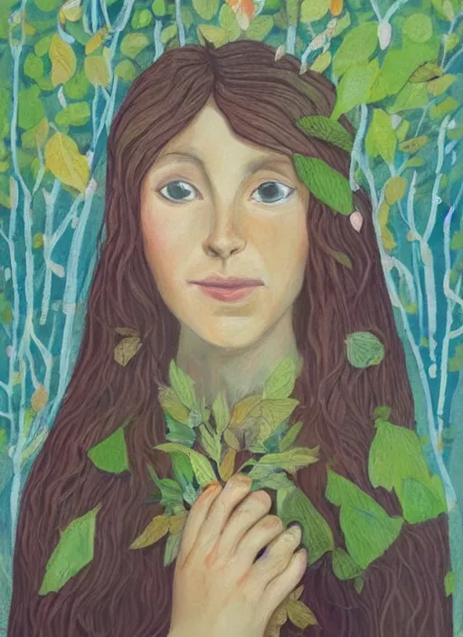 Prompt: a wonderful childrens illustration portrait painting of a woman with serene emotion, art by tracie grimwood, forest, trees, many leaves, birds, whimsical, aesthetically pleasing and harmonious natural colors