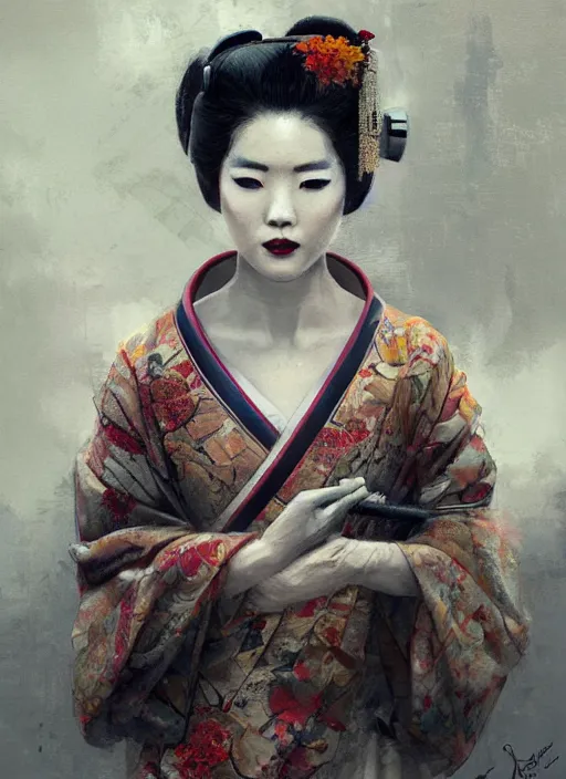 Image similar to female geisha girl, beautiful face, rule of thirds, intricate outfit, spotlight, by greg rutkowski, by jeremy mann