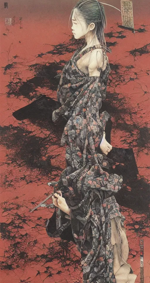 Image similar to Japanese schoolgirl runs away from Samurai with a katana on the subway, high detailed Beksinski painting, part by Adrian Ghenie and Gerhard Richter. art by Takato Yamamoto. masterpiece