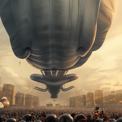 Prompt: an alien cephalopod blimp flying towards a crowd of people intimidatingly, trending on artstation, 8 k, high detail, golden hour