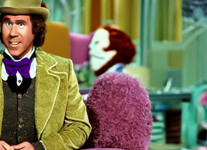 Prompt: film still of Will Ferrell as Willy Wonka in Willy Wonka and the Chocolate Factory 1971