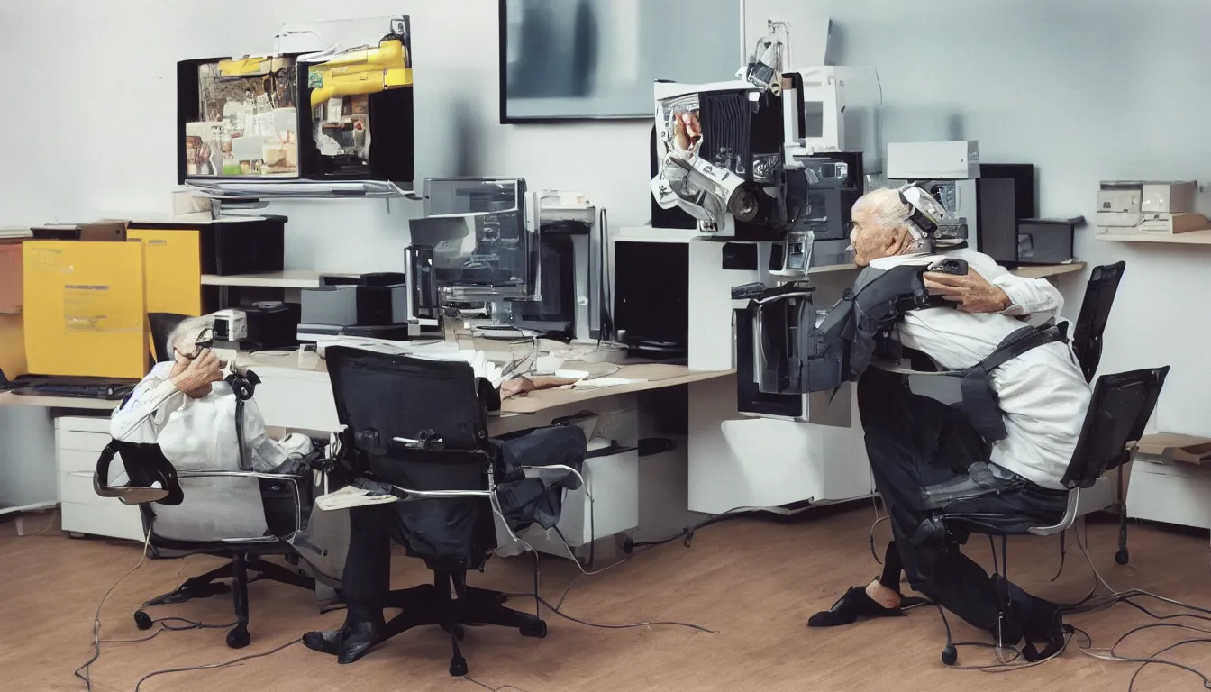 Prompt: In an call centre office, A skinny old Man with a old television strapped to his back ,flexible industrial pipes join his ears and mouth to the television, fibres trial on the floor , full colour ,4k ,Kodak portra 400