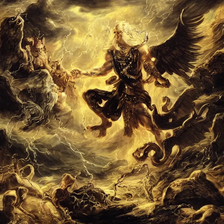 Image similar to mythological Odin all father god of thunder and artificial intelligence creating an artificial neural network with dark yellow synapses on an anvil, high resolution, award winning art, trending on art station, sharp image, incredibly detailed, odin all father detailed character realistic painting, painting by peter paul rubens